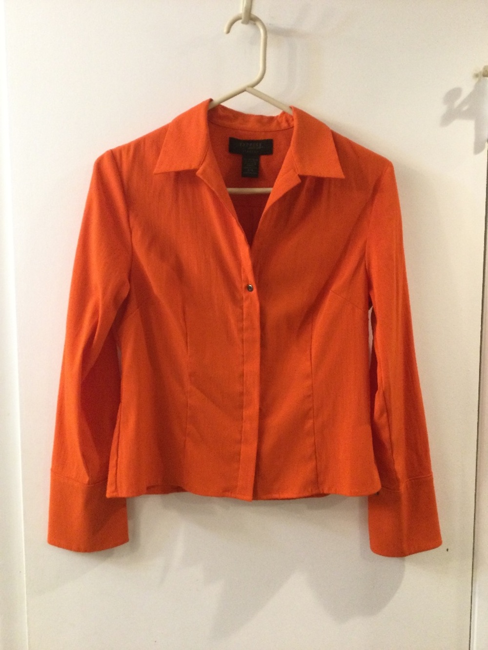 Express World Brand Orange Stretchy Long Sleeve Button Down Shirt Blouse 4 Vntg